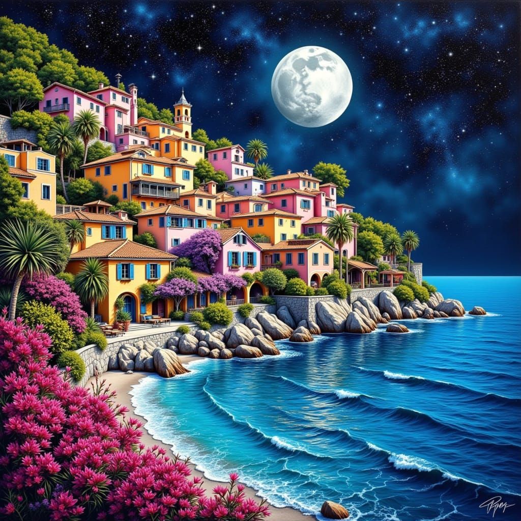 Futuristic Mediterranean Village Under Cosmic Sky