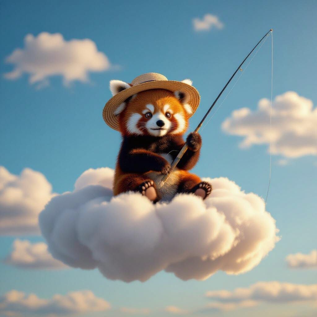 Red Panda Fishing on Cloud in Golden Hour