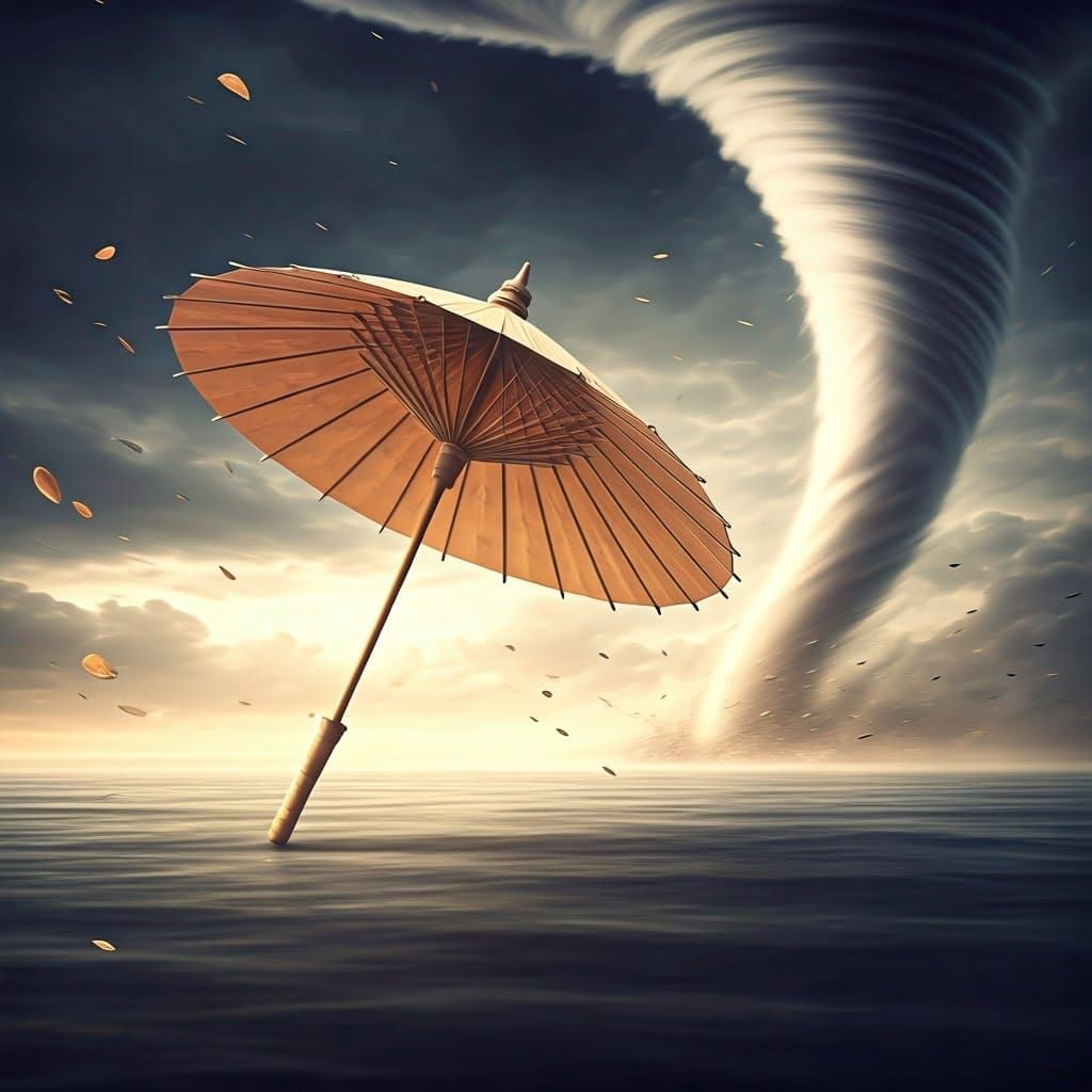 Delicate Origami Umbrella Swept Away by a Fantastical Tornad...