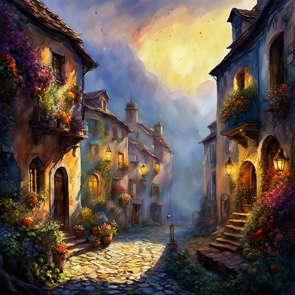 Village View Through Open Window: Gouache Watercolor