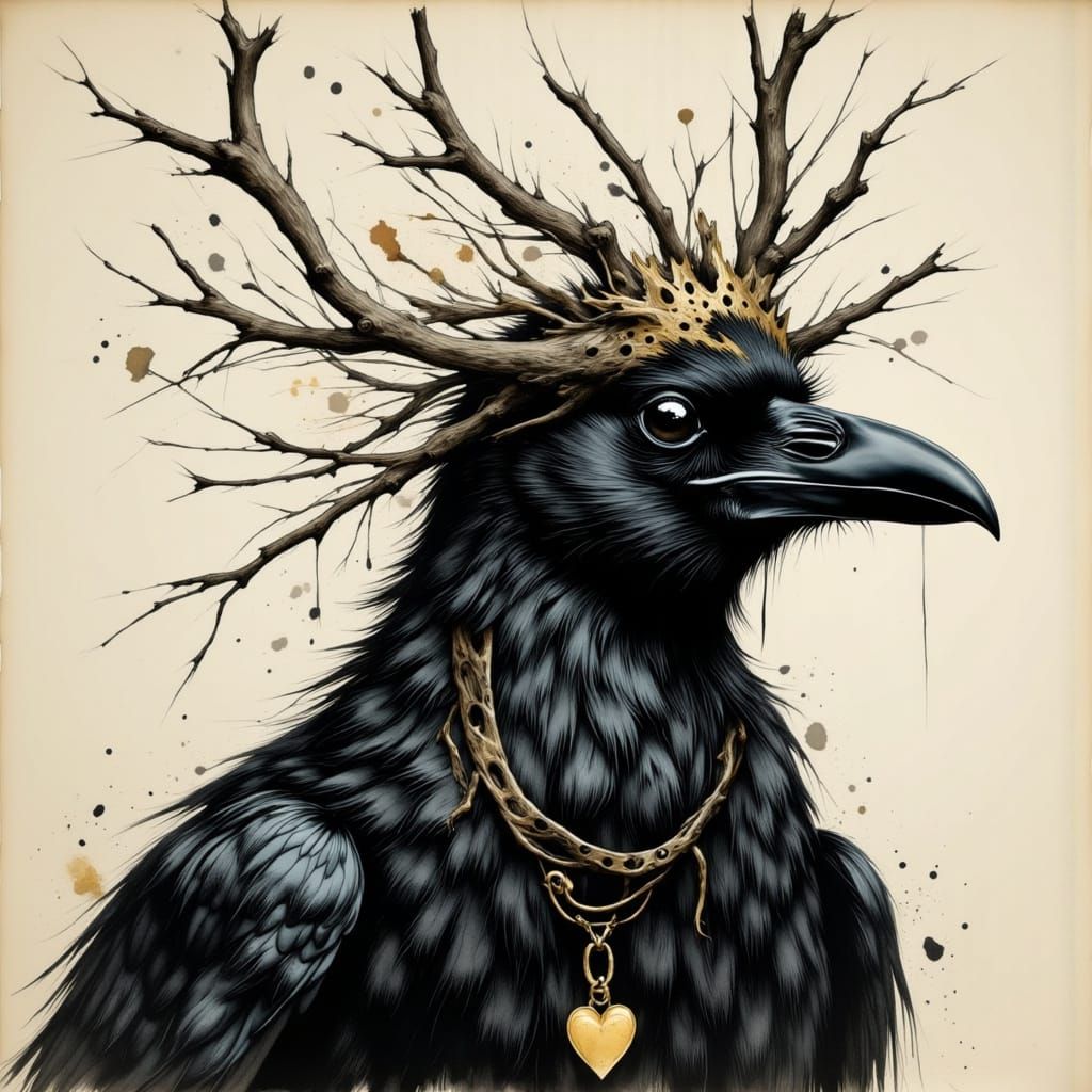 Regal Black Crow with Ornate Crown in Dark, Muted Folk-Art S...