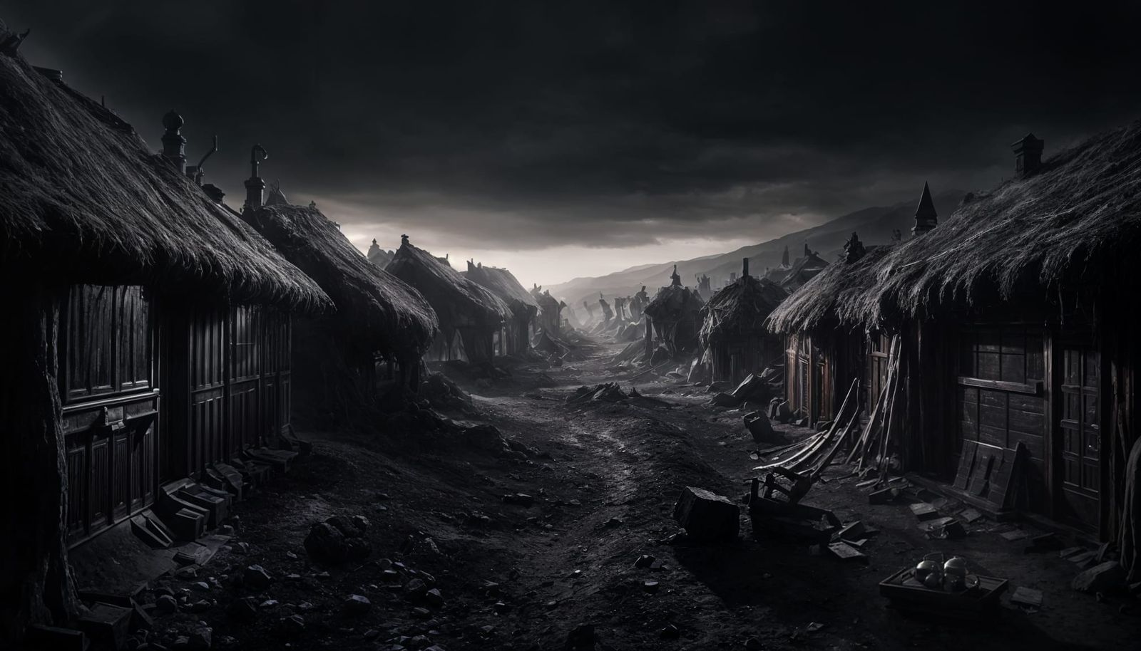 Hyperrealistic Black and White Abandoned Town