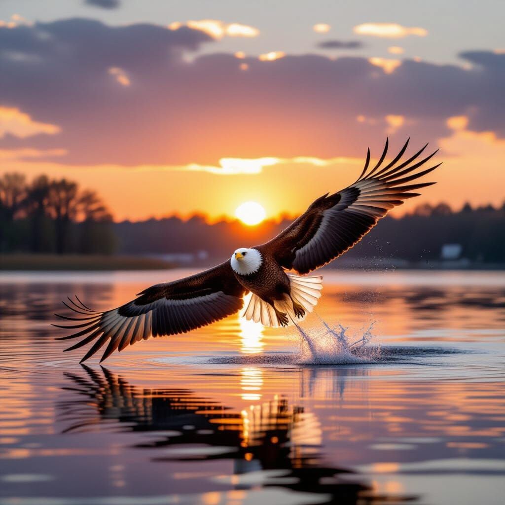 Bald Eagle Glides Over Lake at Sunrise