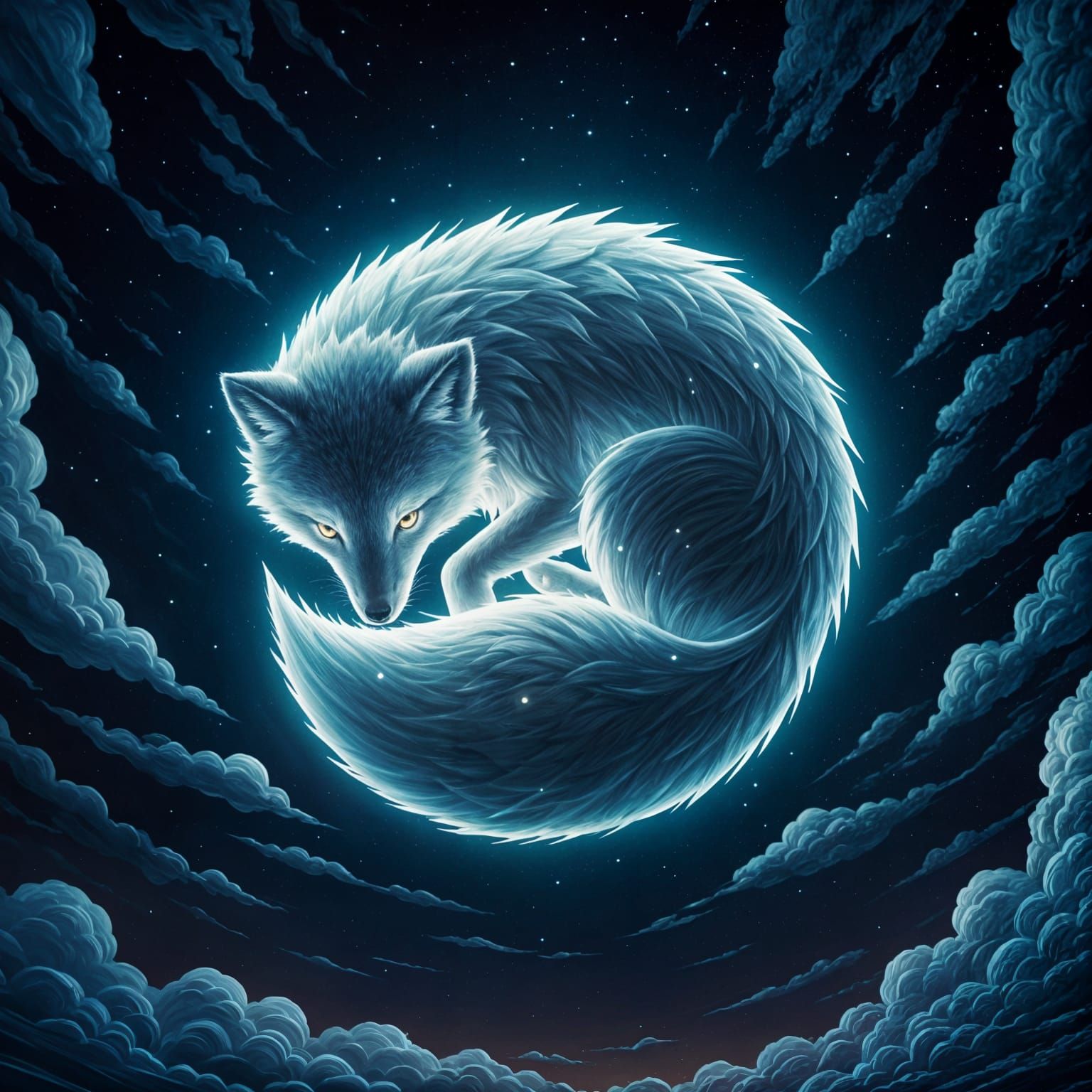 Moonstone Fox in Starry Night Sky, Van Gogh Style