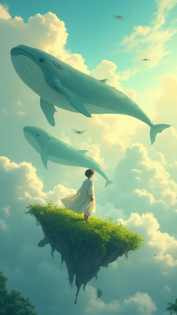 Young Traveler Amidst Majestic Sky Whales in a Serene Dreamw...