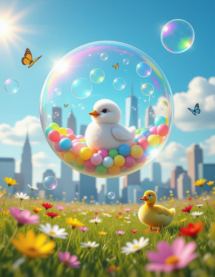 Fantasy Bubblescape with Floating City and Meadow