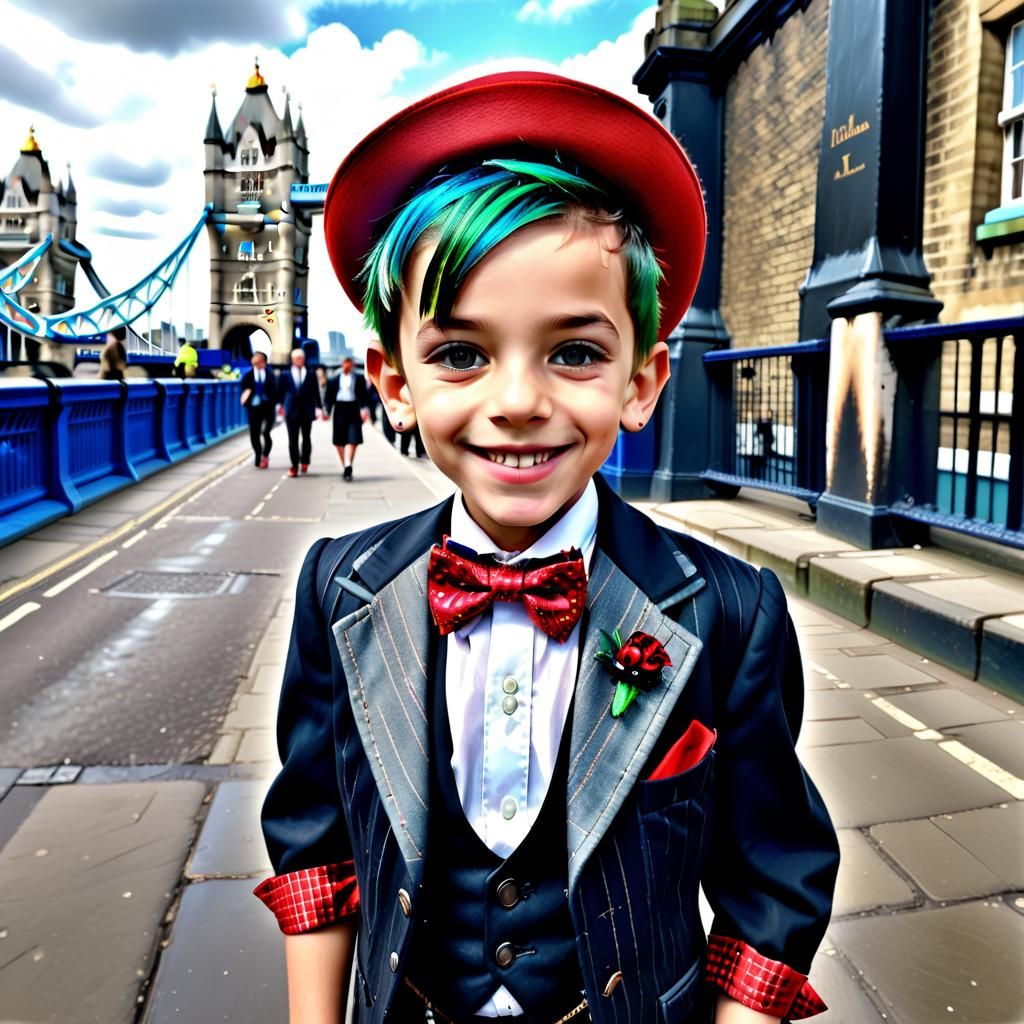 Alfalfa the little rascal boy at London tower bridge 2023
