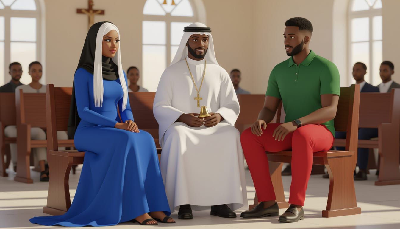 African Woman in Blue Dress and Man in Church