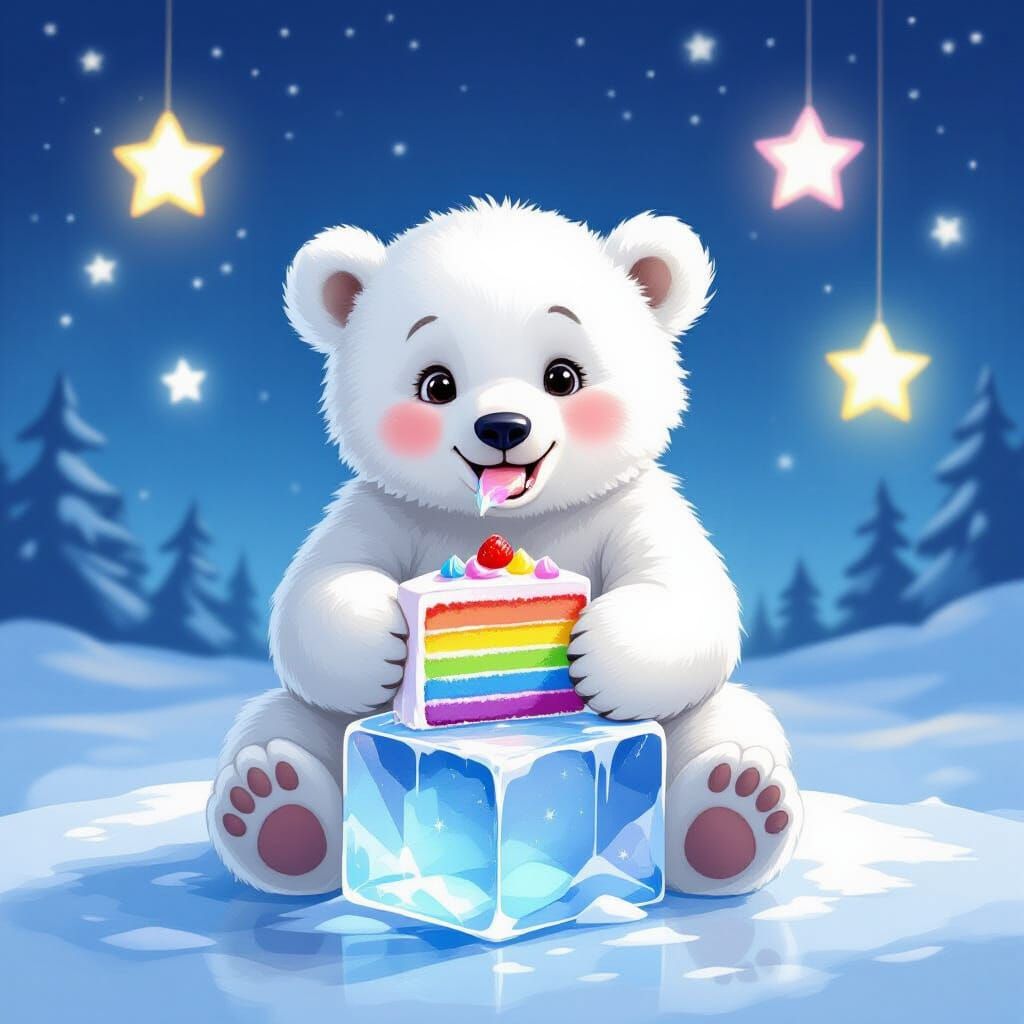 Fluffy Polar Bear Cub Enjoys Rainbow Cake