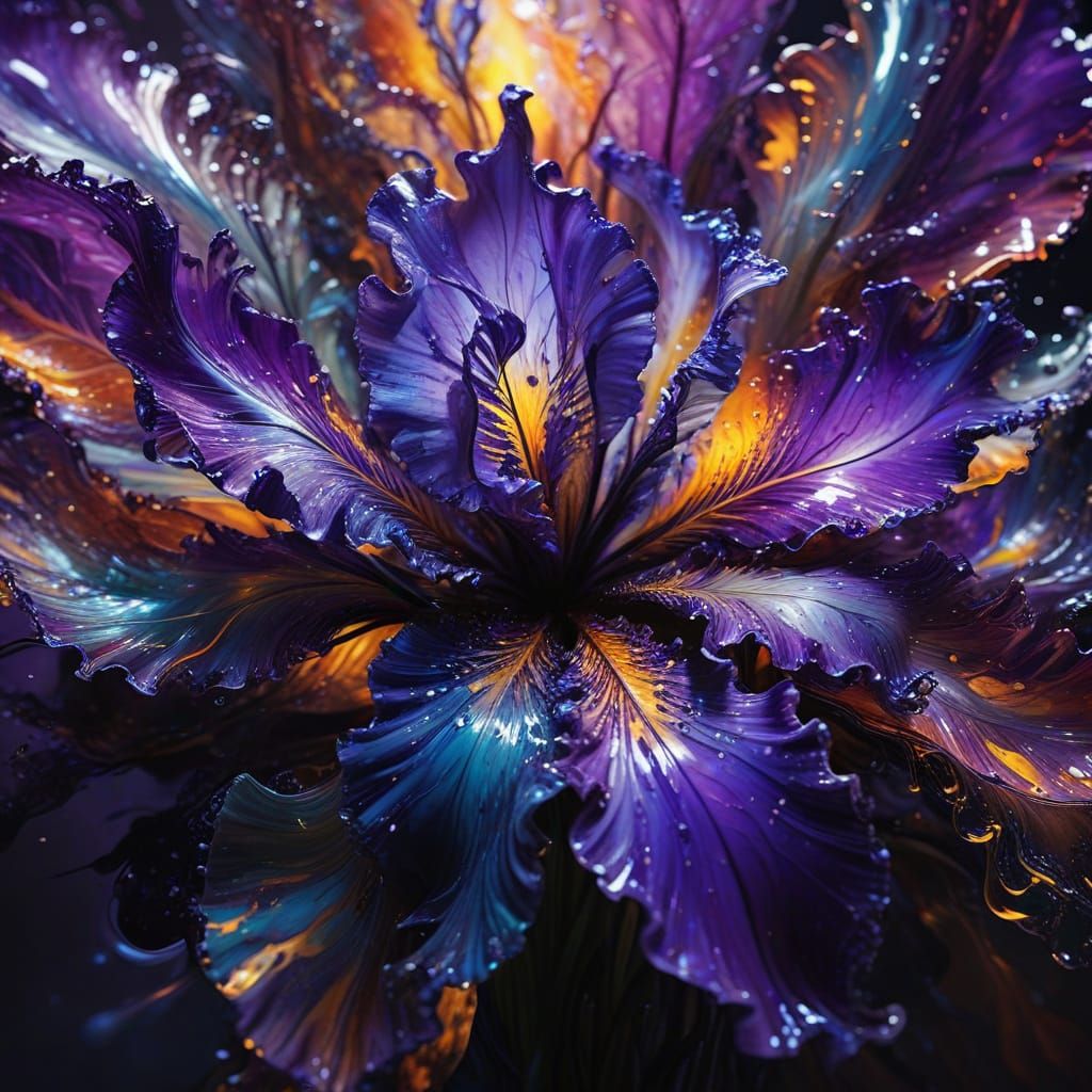 Abstract Expressionist Glass Iris in Vibrant Iridescent Hues