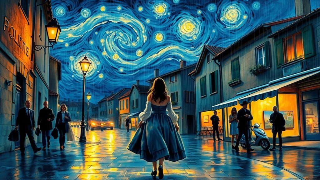 Woman Walks Arles Streets Under Starry Night Sky