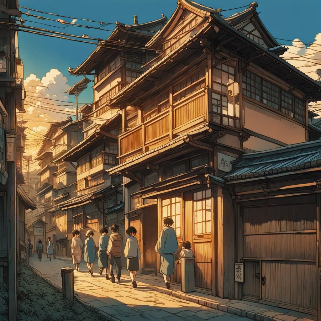 Golden Hour Anime Landscape in Ukiyo-e Style