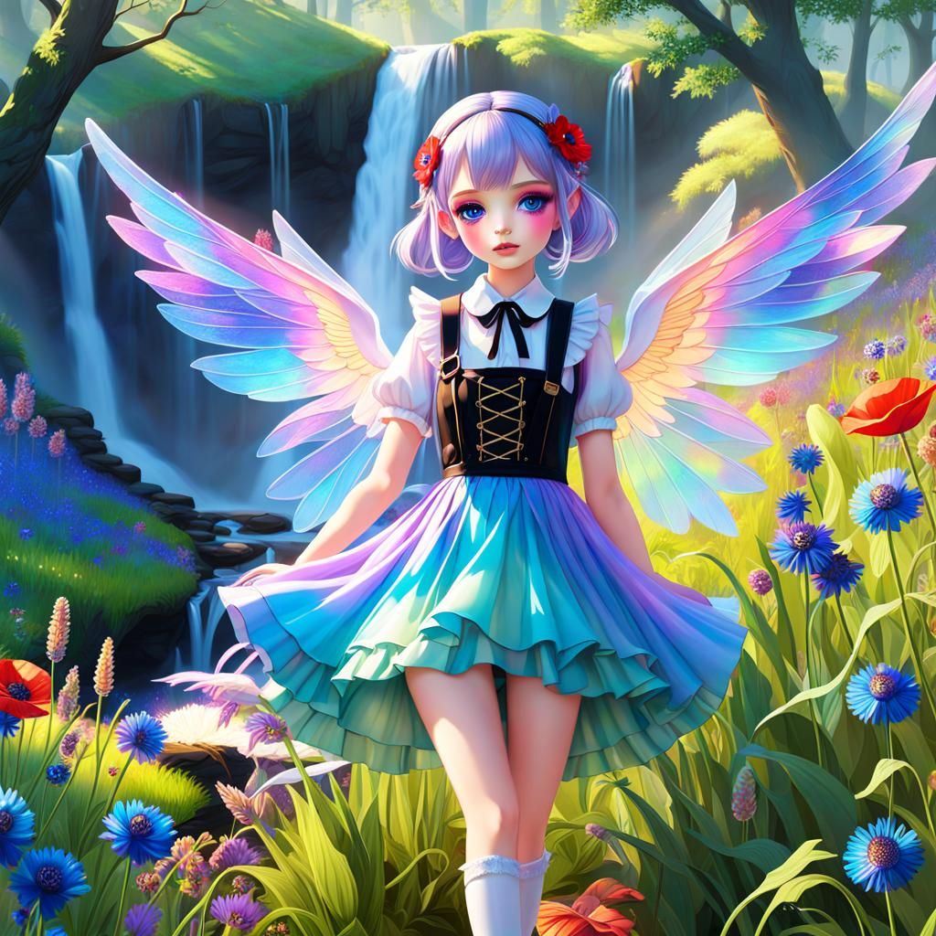 Ethereal Hansel and Gretel with Wings in Holographic Style