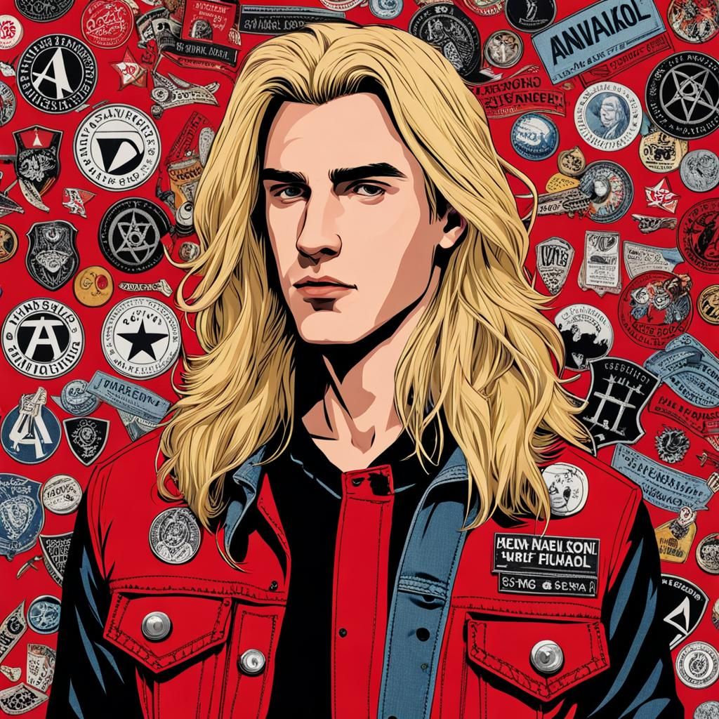 Young Man with Anarchist Pins and Red Jacket