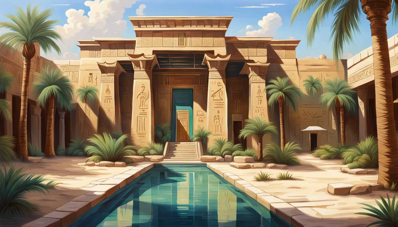 an oil painting of the front of a new egyptian!! palace, with a small pool in front, exterior view, close - up, mid - da...