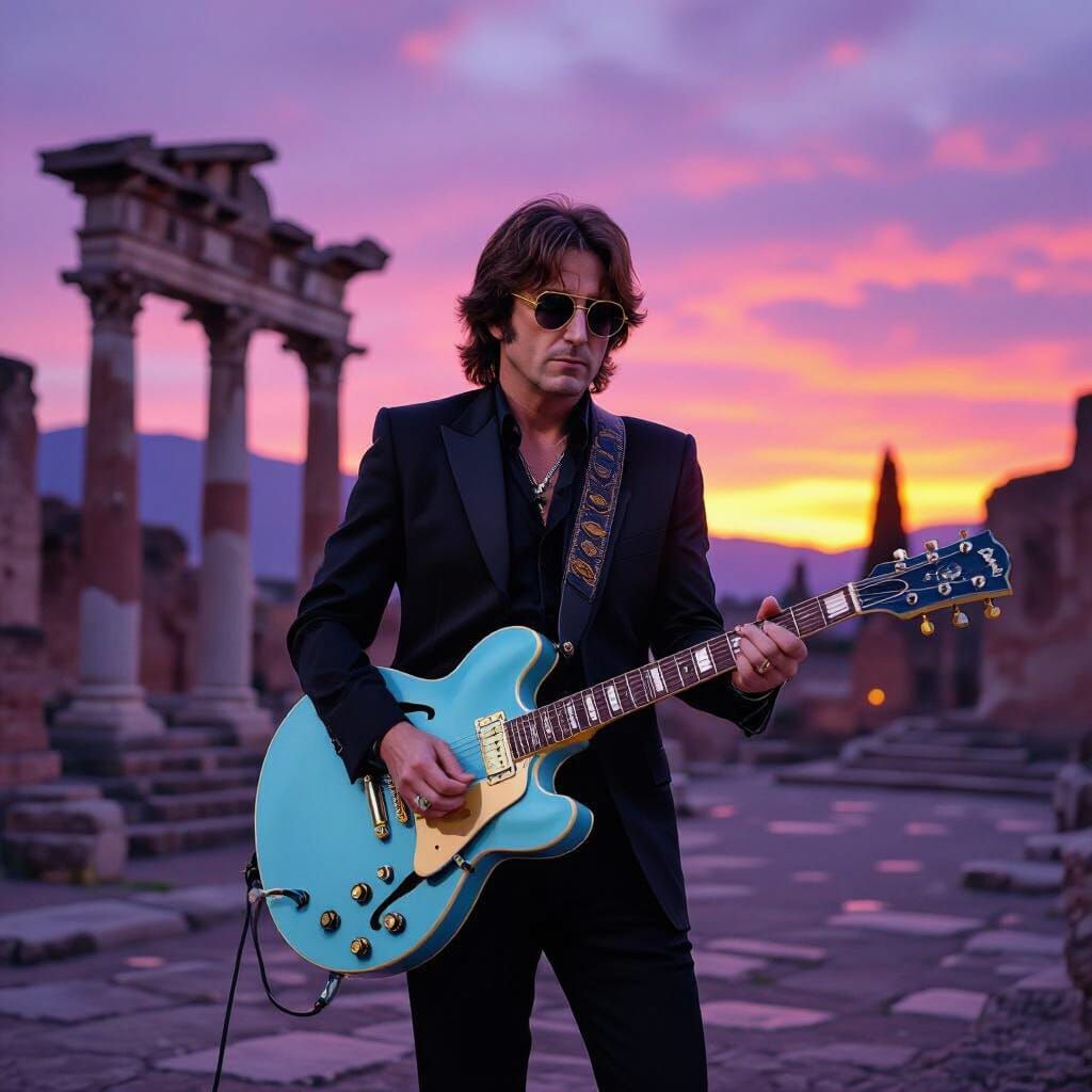 John Lennon Plays Guitar in Pompeii Sunset
