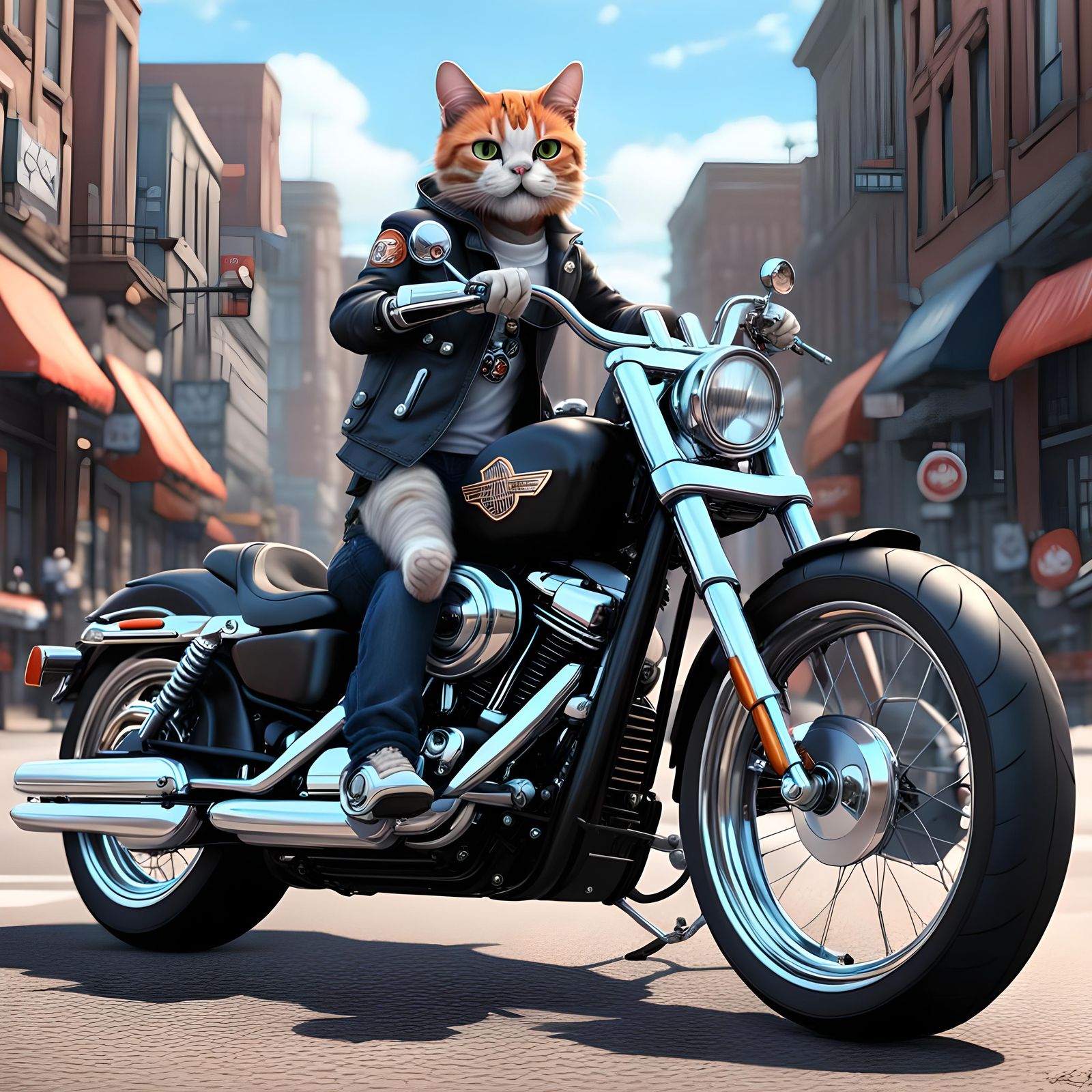 Cool Cat Rides Harley Davidson: 3D Anime Art