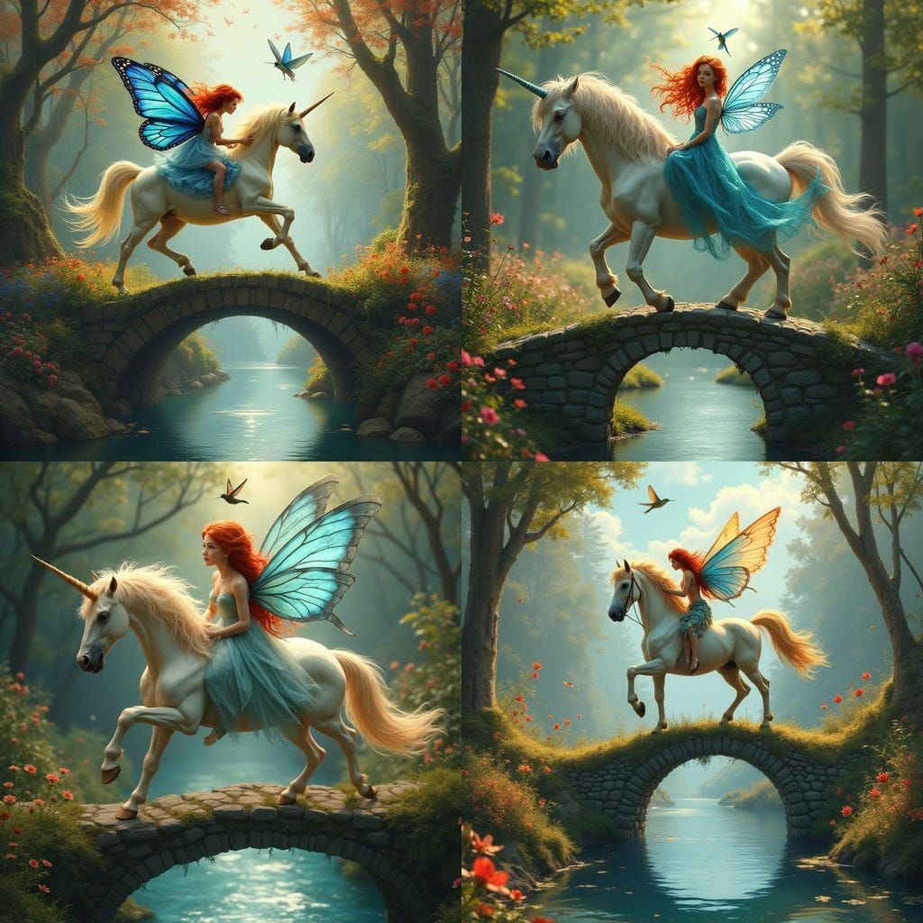 Surreal Fairy Rides Unicorn over Mystical River in Sunny Tim...
