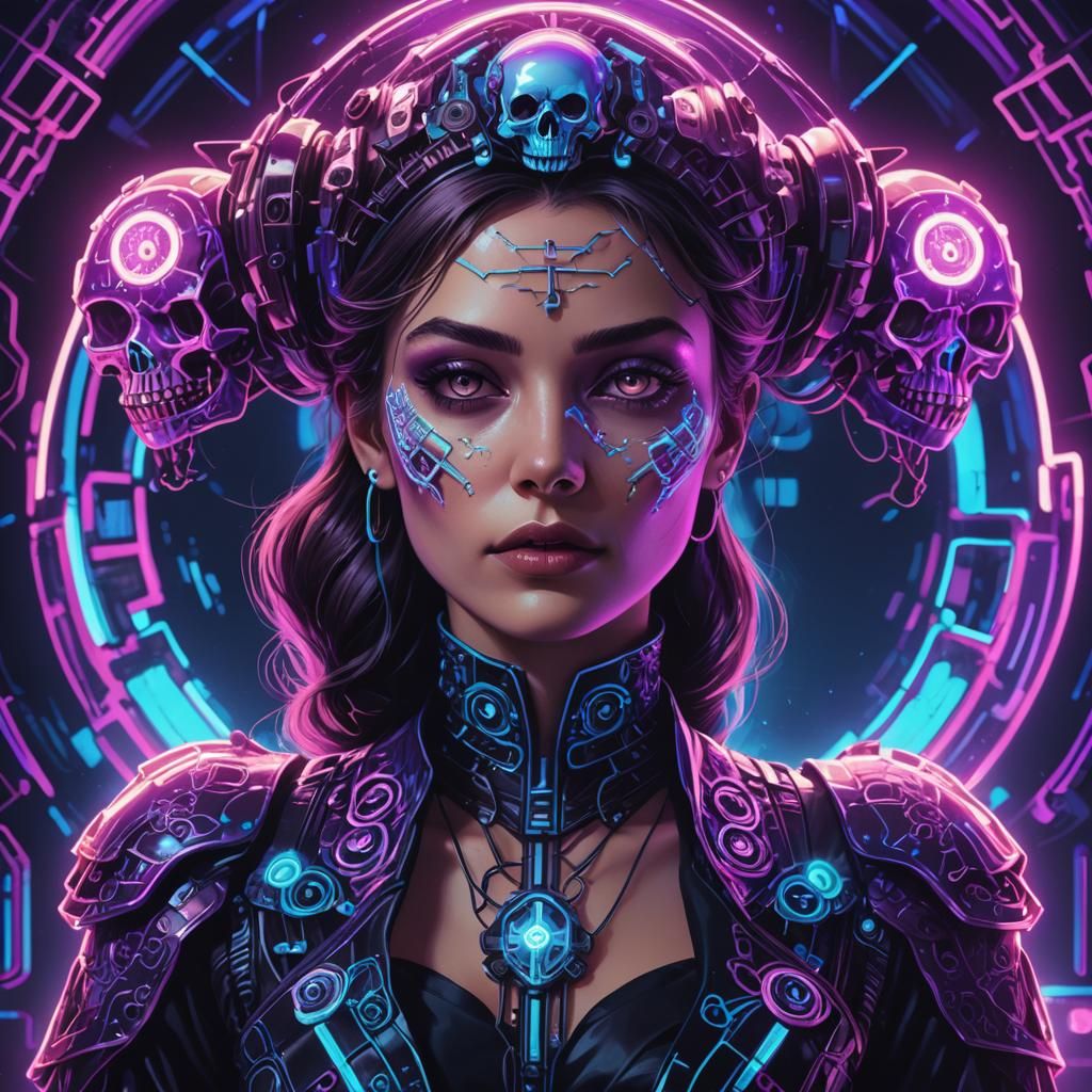 Neon Victorian Woman with Cyberpunk Skull