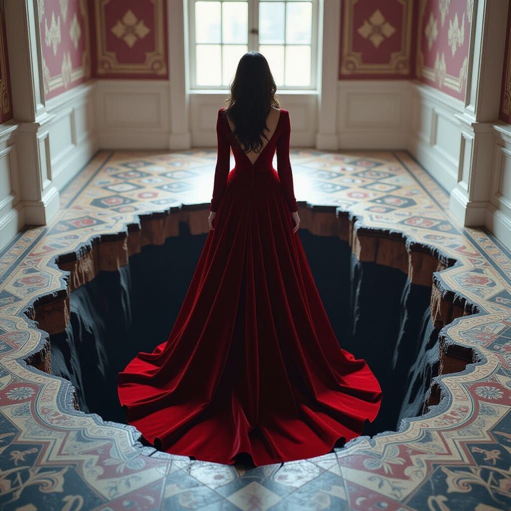 Woman on Painted Pit Illusion in Photorealistic Style