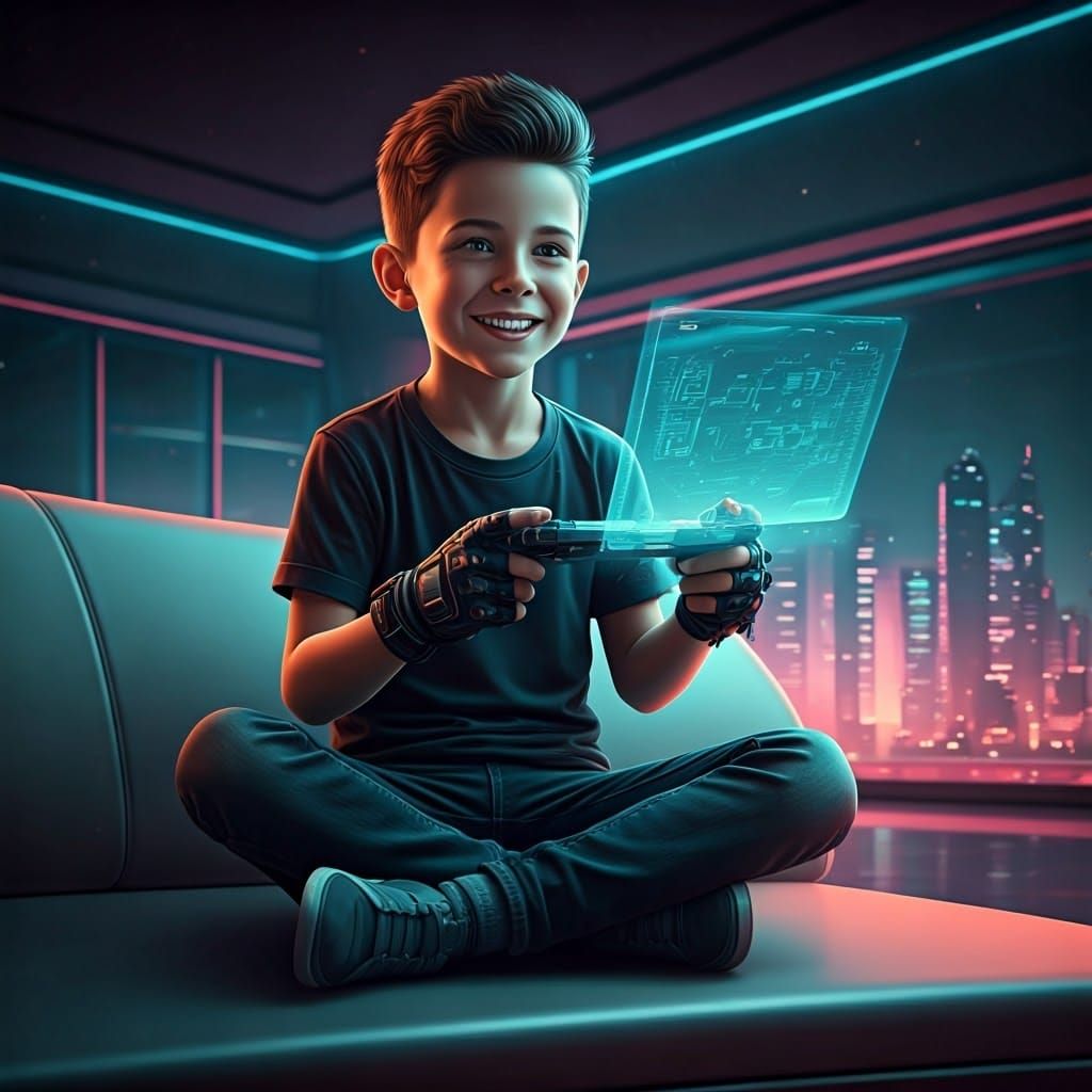 Boy Plays Holographic Game in Futuristic Cityscape