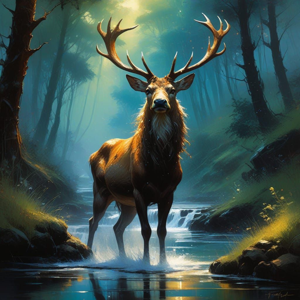 Majestic Stag in Forest Stream Paradise