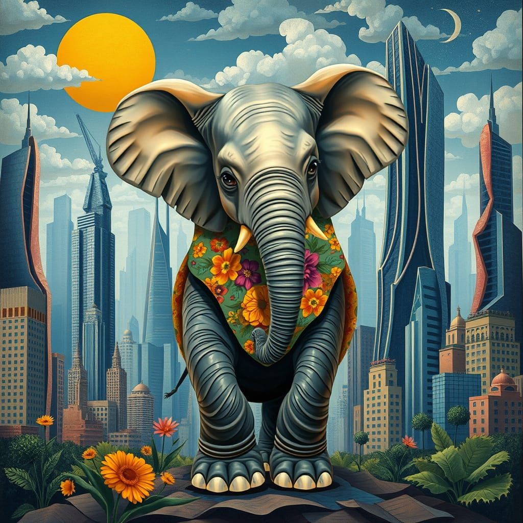 Surreal Elephant in Summer City, Fractal Dreamscape