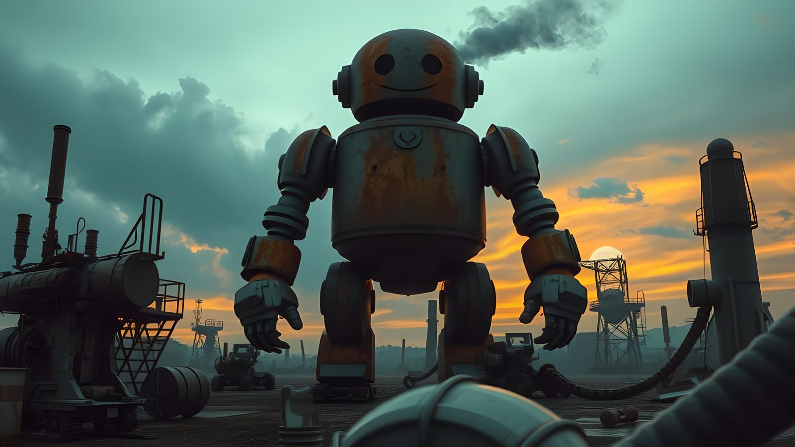 Emoji Robot in Dystopian Wasteland Charcoal Drawing