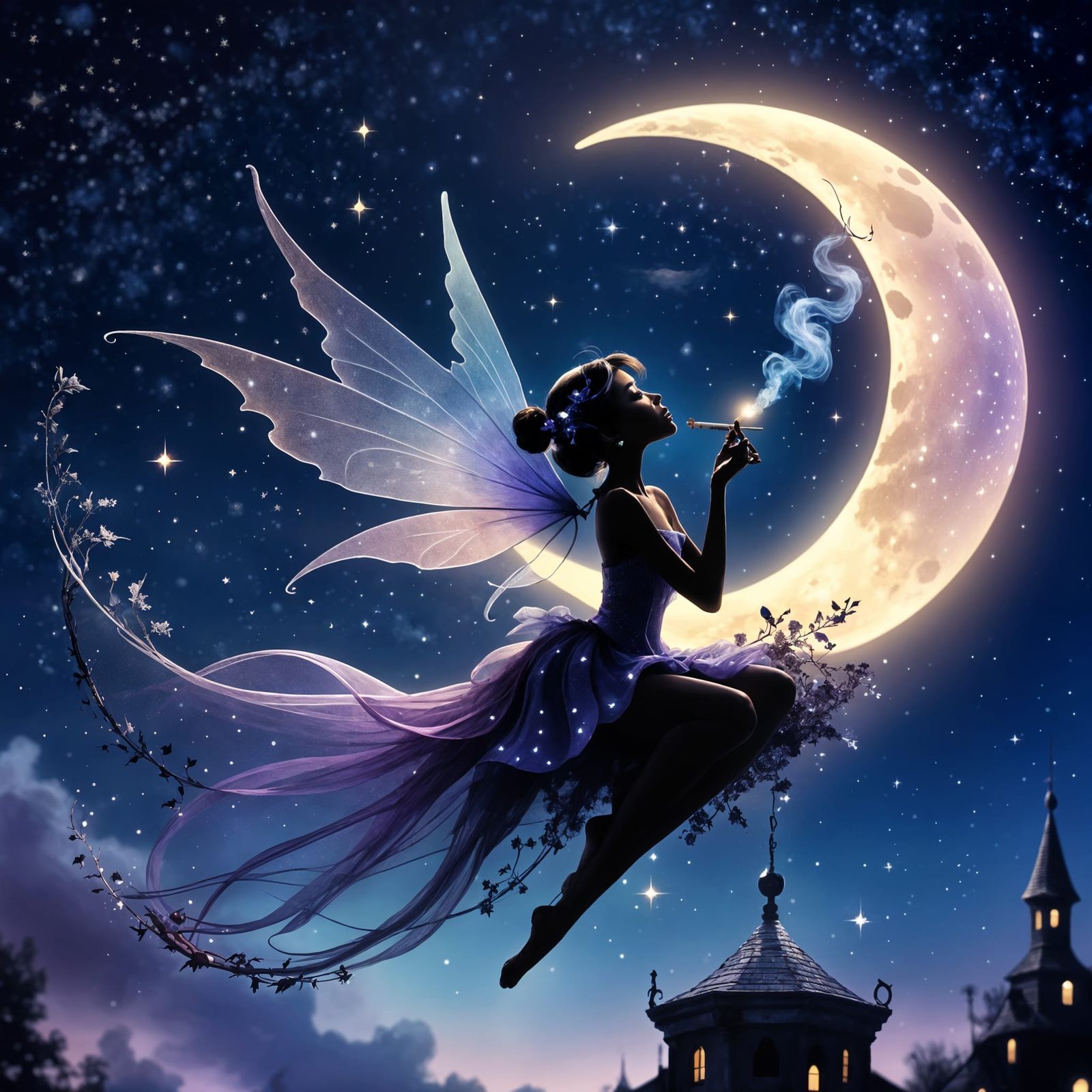Tiny Fairy Perched on a Crescent Moon