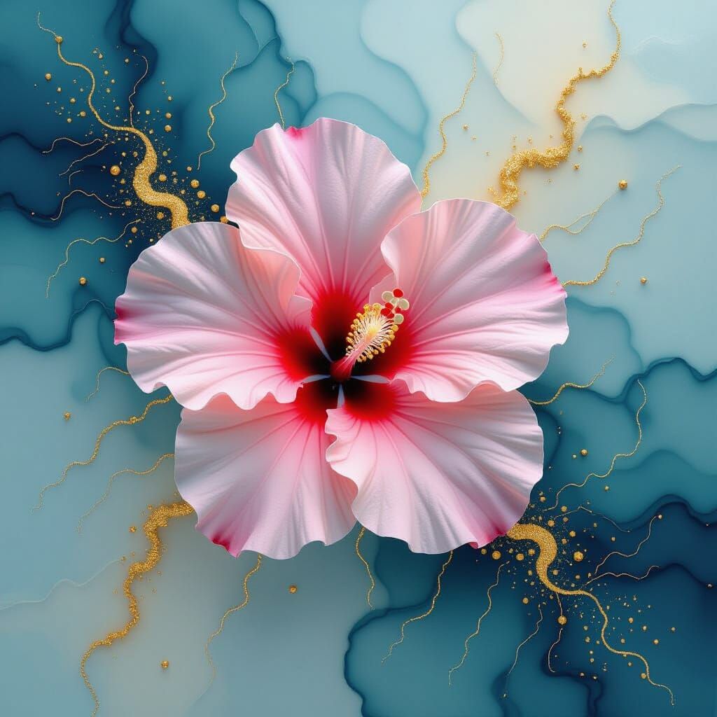 Hibiscus Flower Lightning Landscape in Ethereal Marble Style