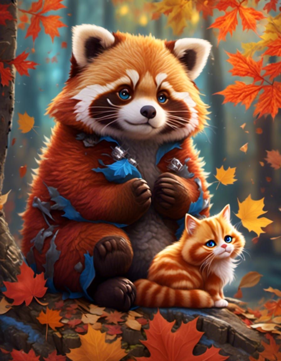 Red Panda and Ginger Cat Autumn Portrait