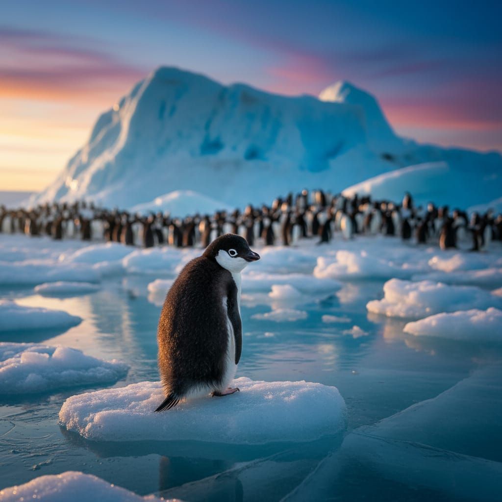 Lost Penguin Drifting on Ice Shelf