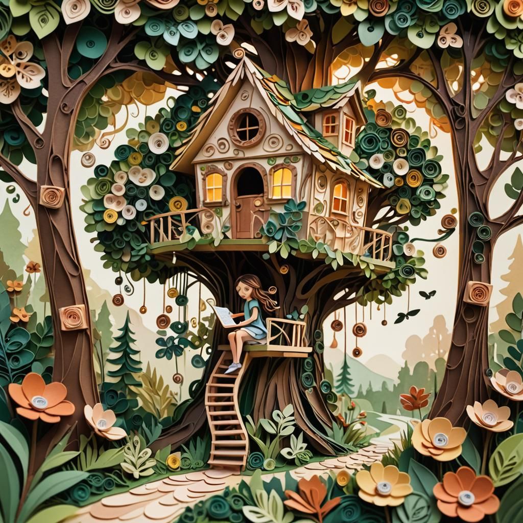 Girl Quilling a Treehouse in Lush Greenery