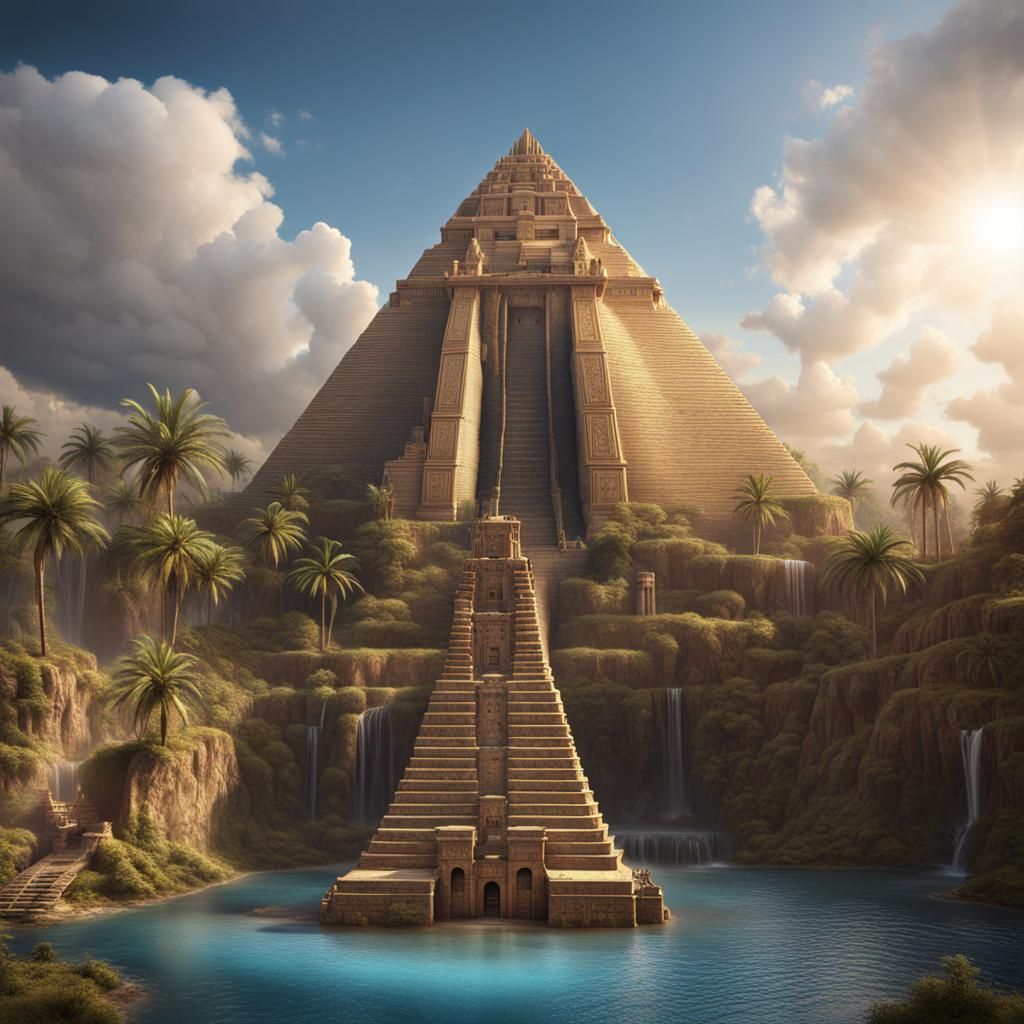 Babylonian Mayan Greek Pyramid Near Waterfall