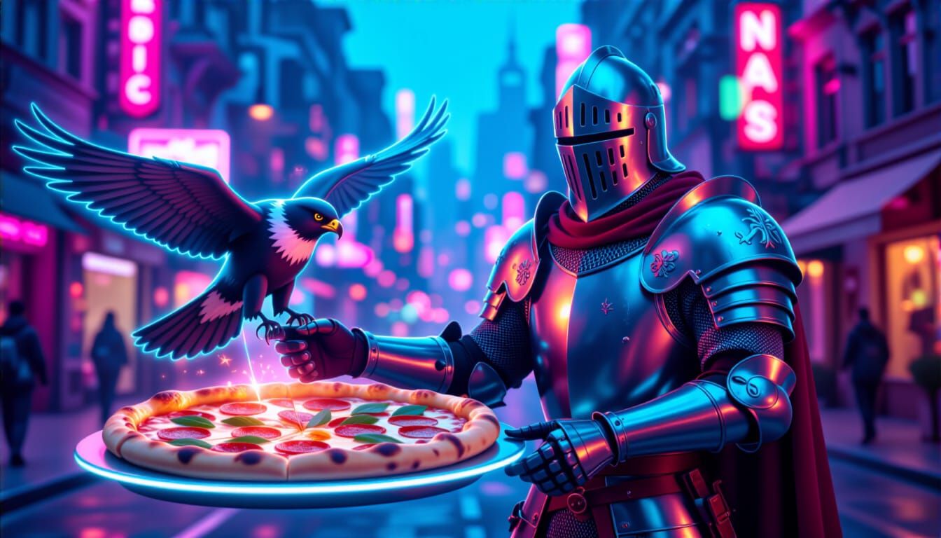 Knight Befriends Pizza Drone in Neon Megacity Quest