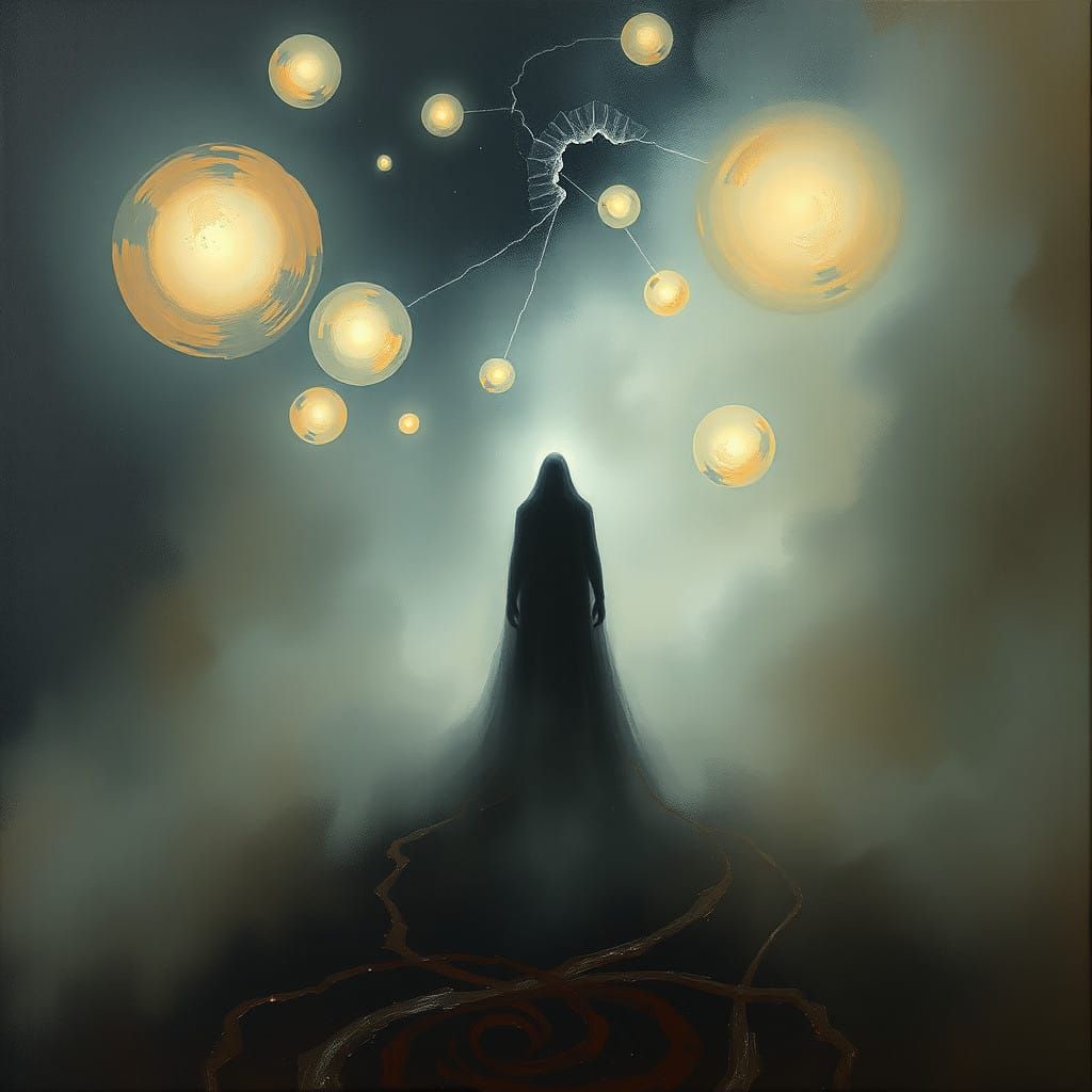 Mystical Figure Adrift in a Swirling Abyss