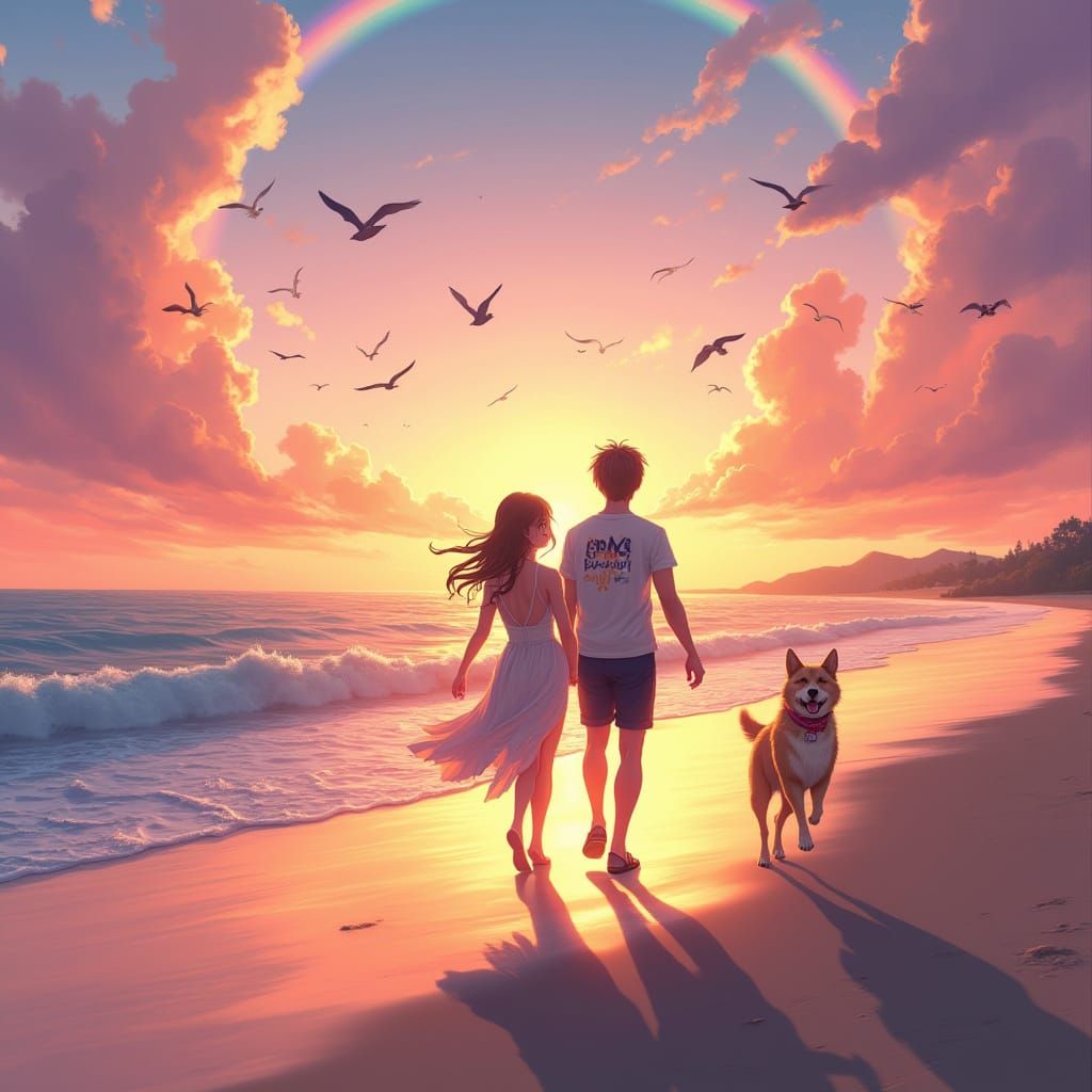 Couple's Beach Stroll in Vibrant Sunset Glow