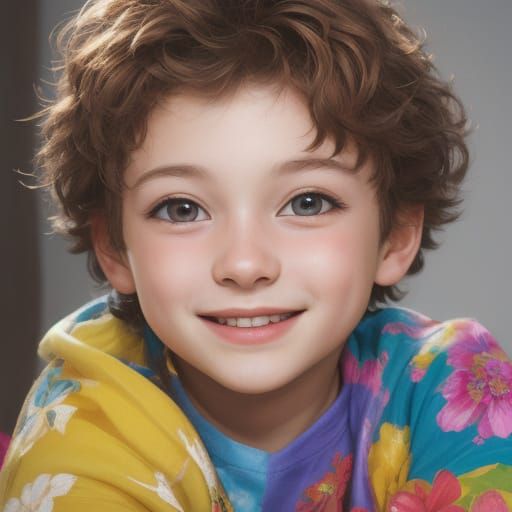 Beautiful Young Boy Smiling in Vibrant Oil Painting