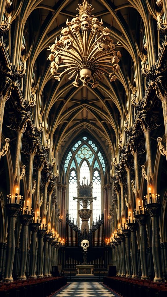 Skeletal Gothic Cathedral with Skull Chandelier and Bony Arc...