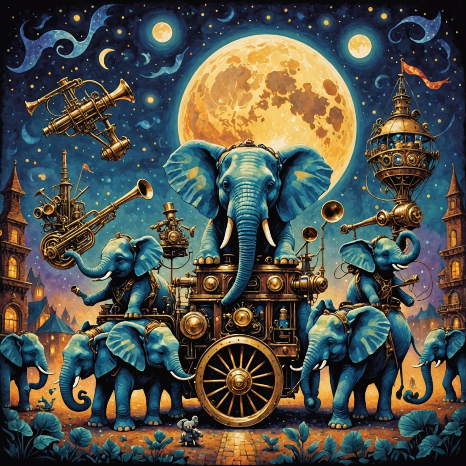 Steampunk Mini Elephants Play Under Full Moonlight