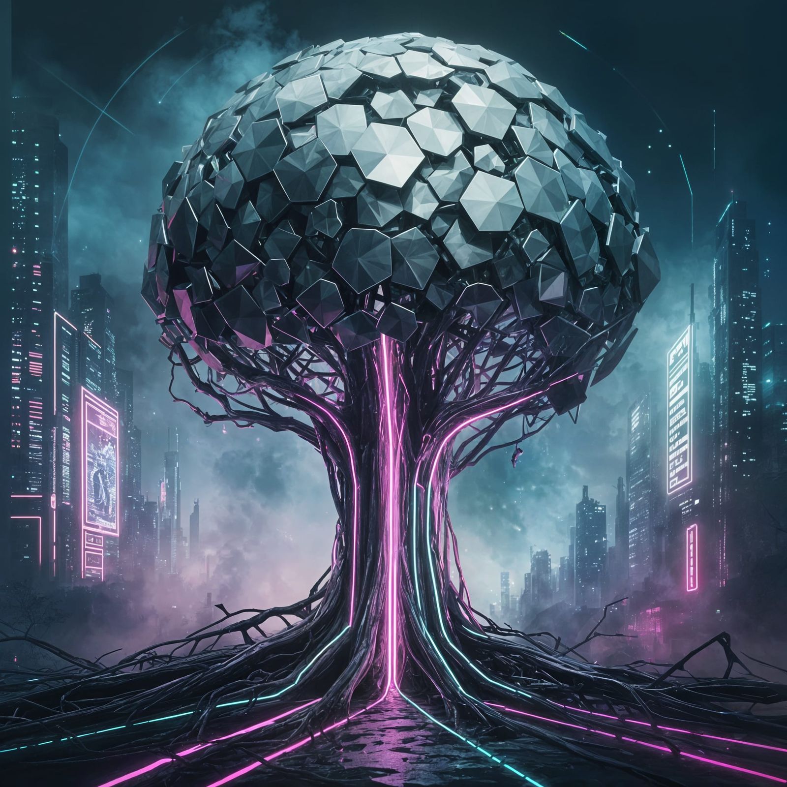 Cyberpunk Tree in Neon Dreamscape