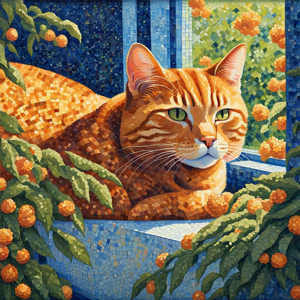 Ginger Cat Sunning: A Pointillist Masterpiece