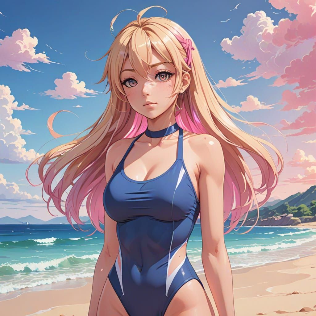 Gyaru Girl Beach Scene in Vibrant Anime Style