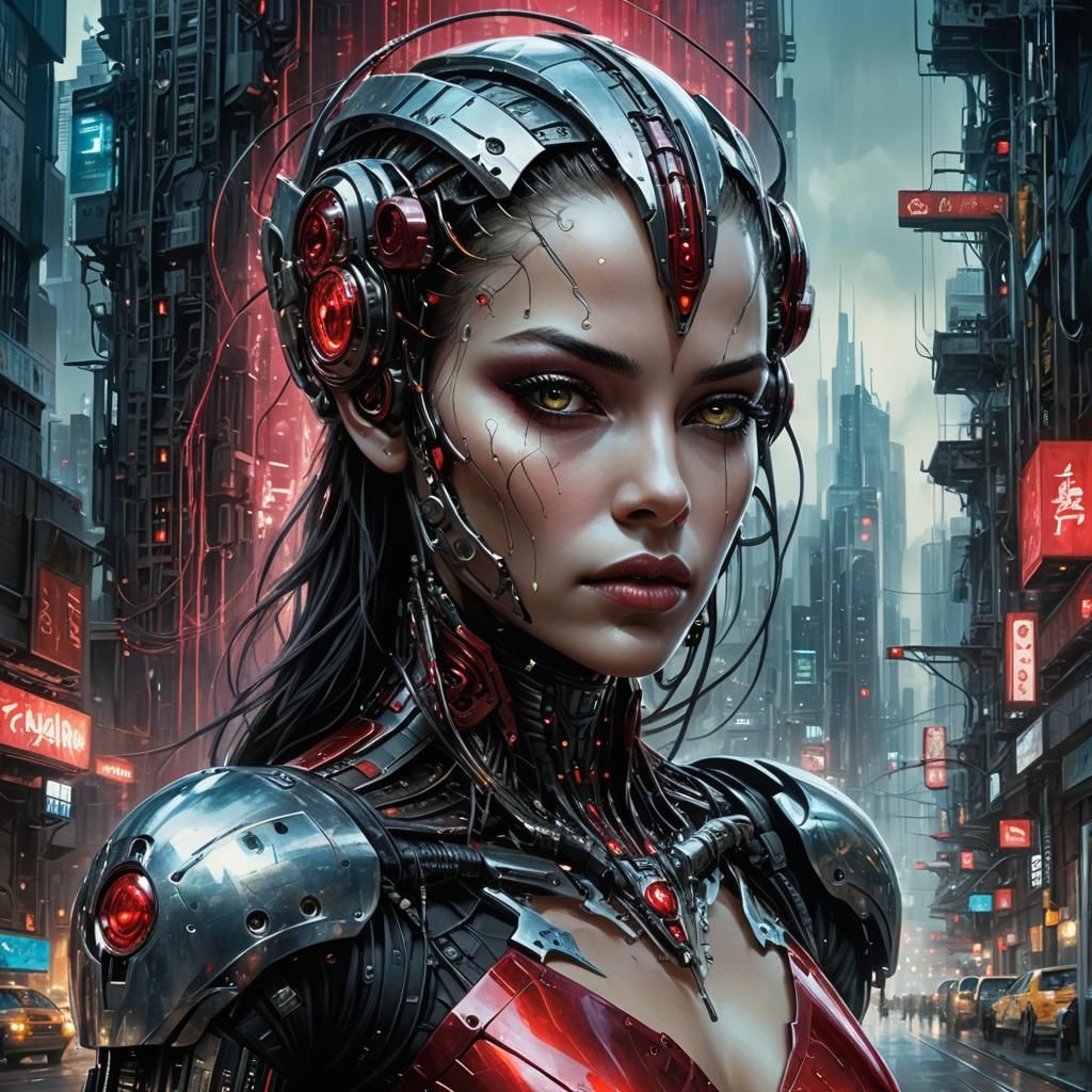 Futuristic Cybernetic Android with Bioluminescent Ruby Jewel...