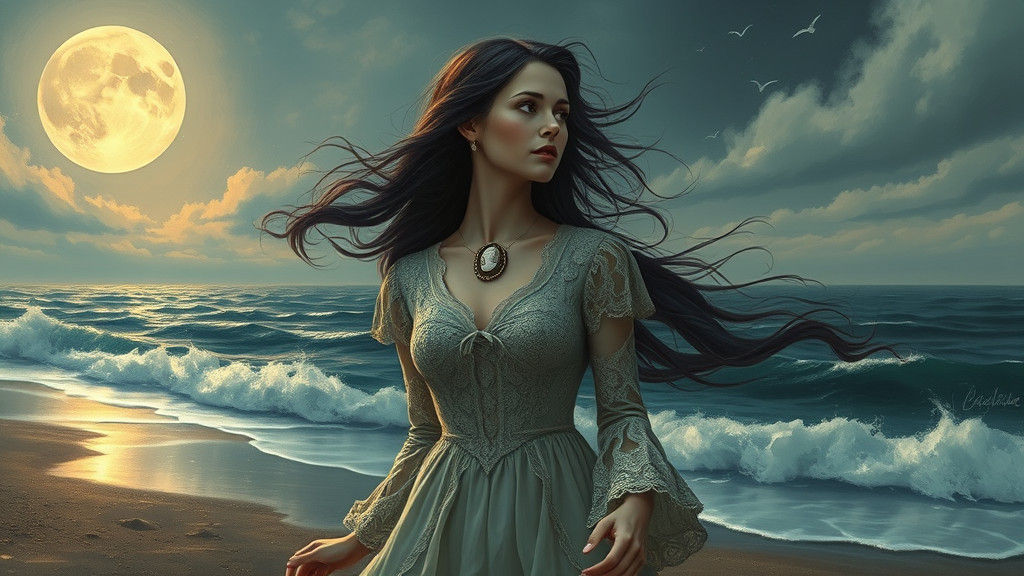Moonlit Woman on Windswept Shoreline