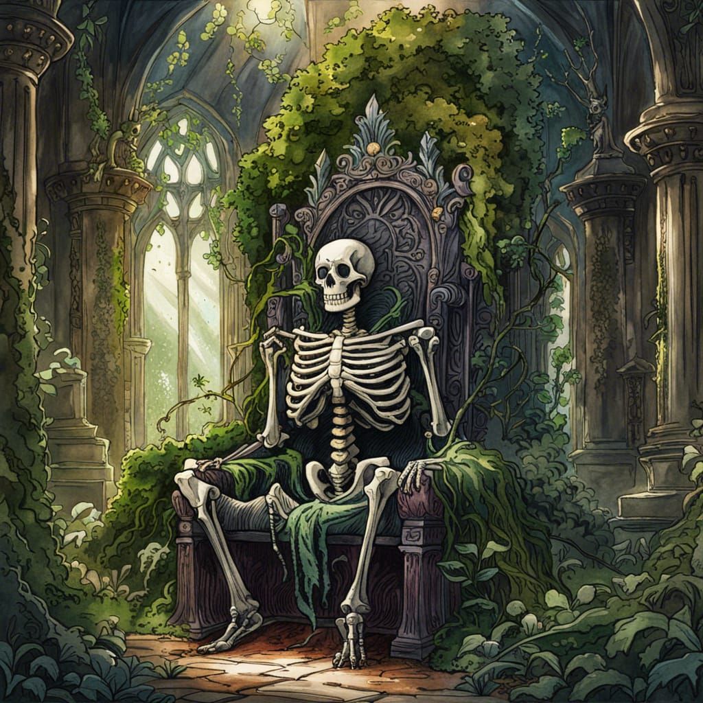 Skeleton King in Overgrown Throne Room, Watercolor