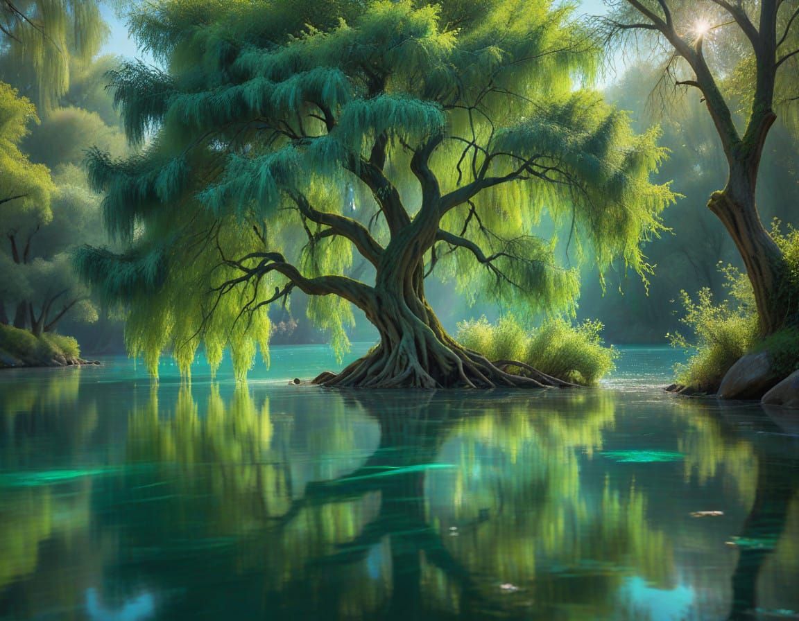 Willow Tree Embracing Crystal Clear Water in Whimsical Dream...