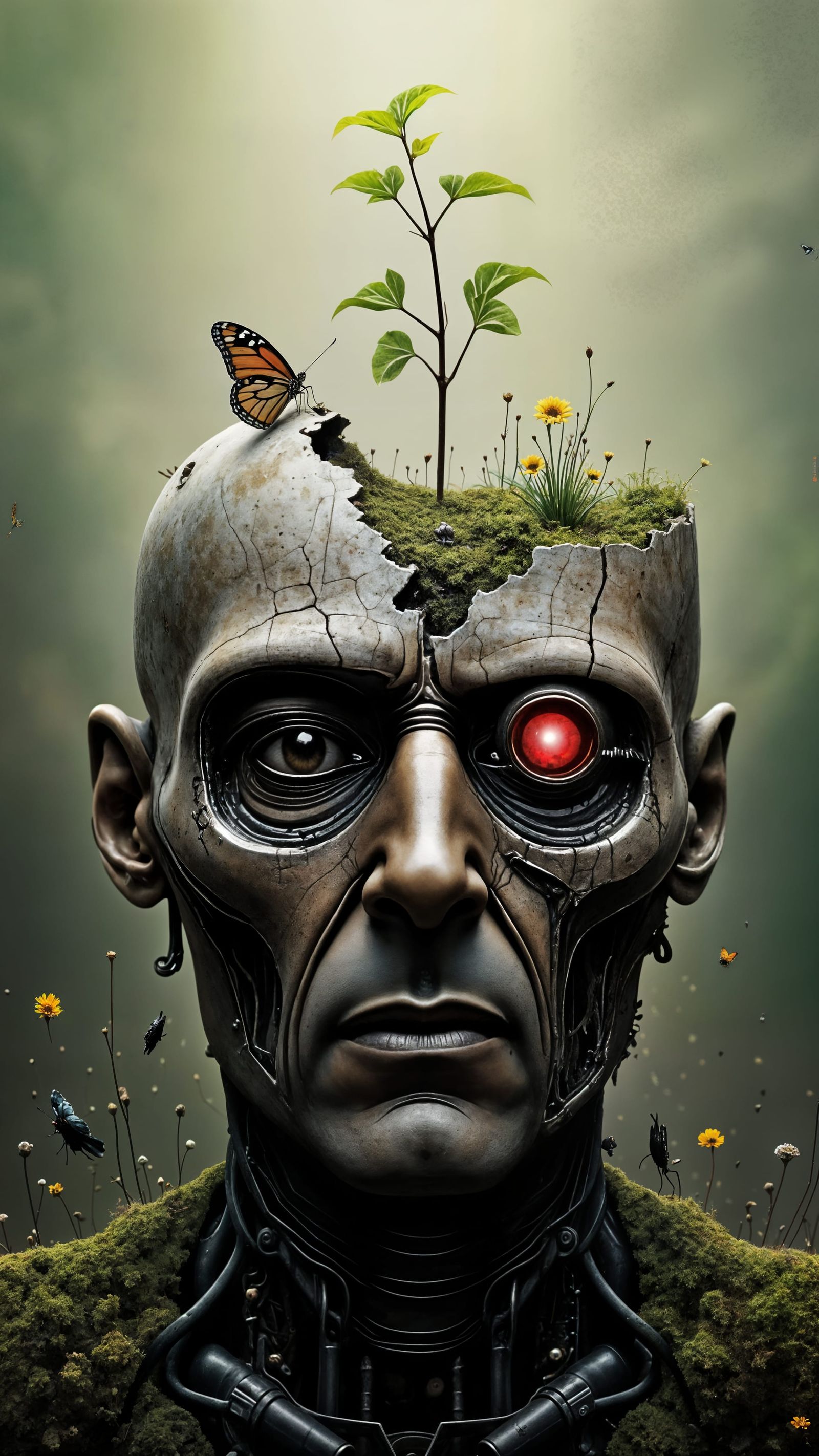 Cyborg with Growing Tree: Surreal Photorealistic Concept Art