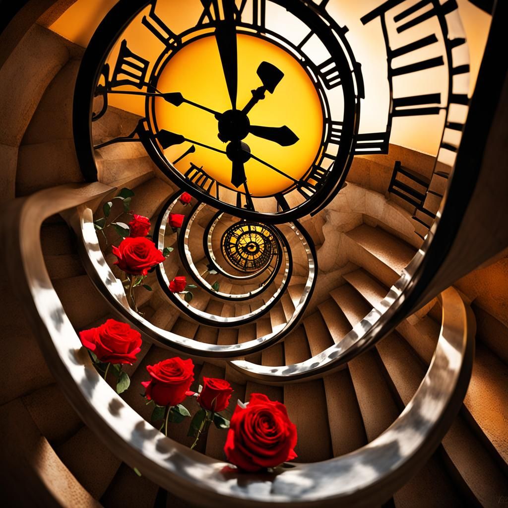 Surrealist Melting Clock with Escher Stairs