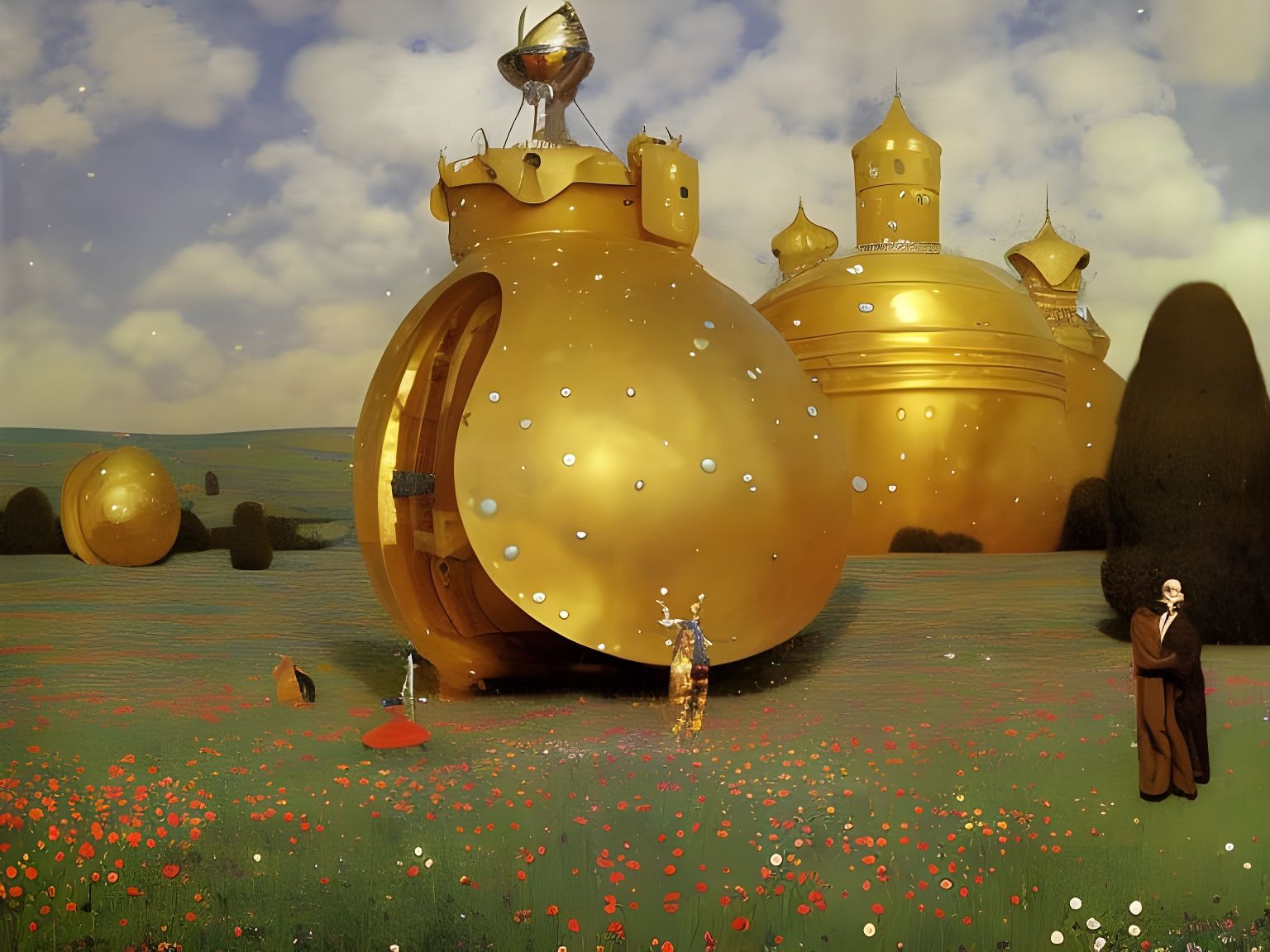 Surreal Golden Flying Saucer in Hyperrealistic Field